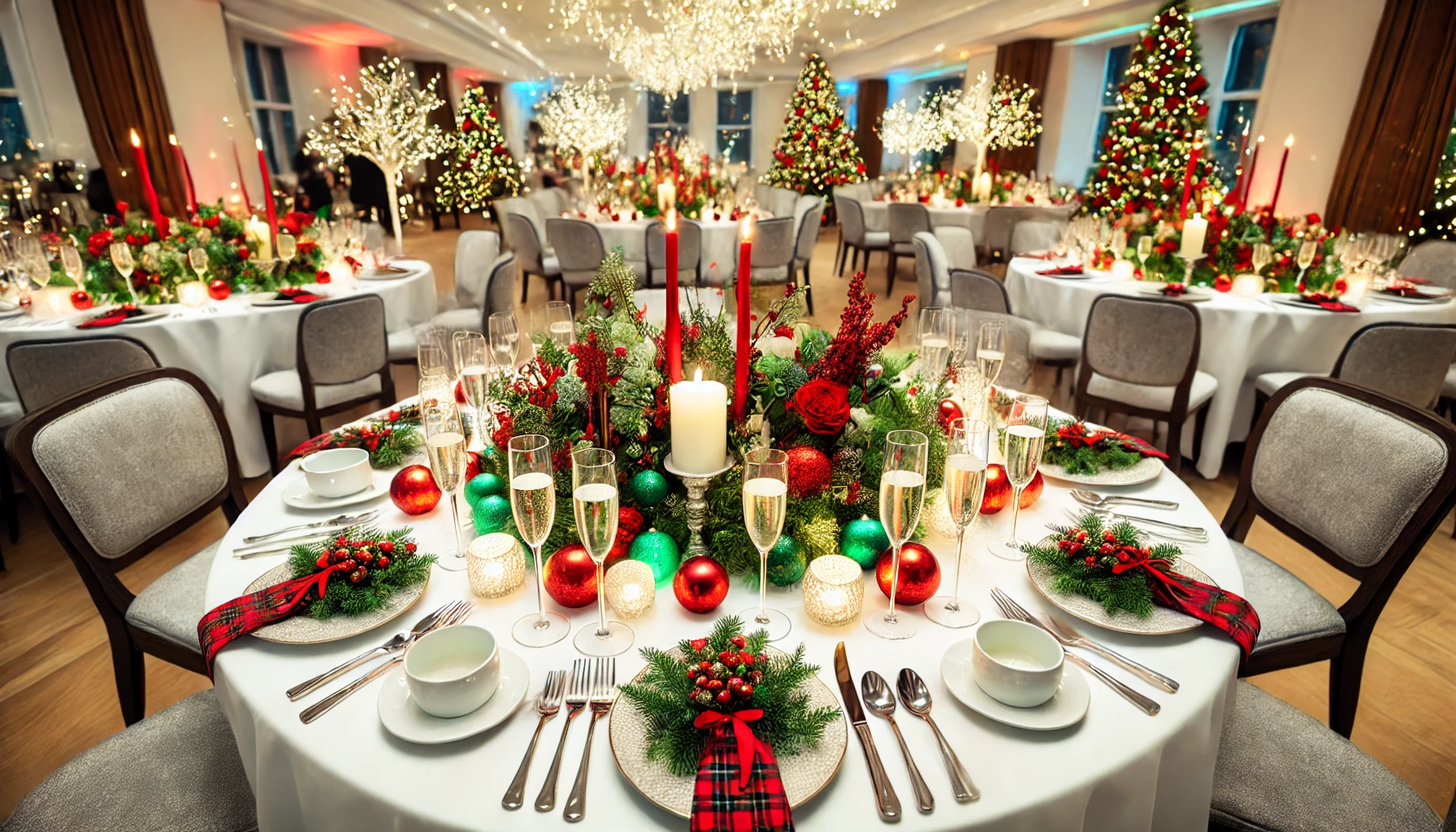 A table setting for an office holiday party