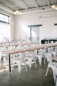 Reception tables set up for a wedding at PINE in Charlotte, NC