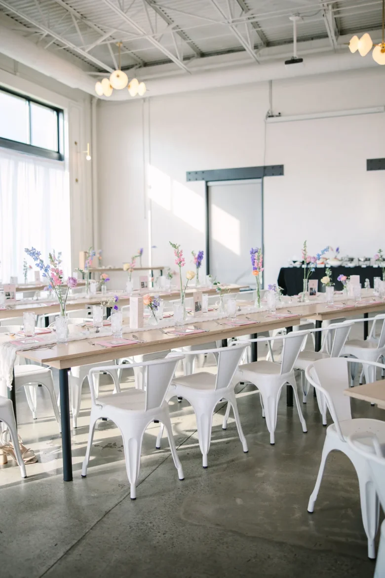 Reception tables set up for a wedding at PINE in Charlotte, NC