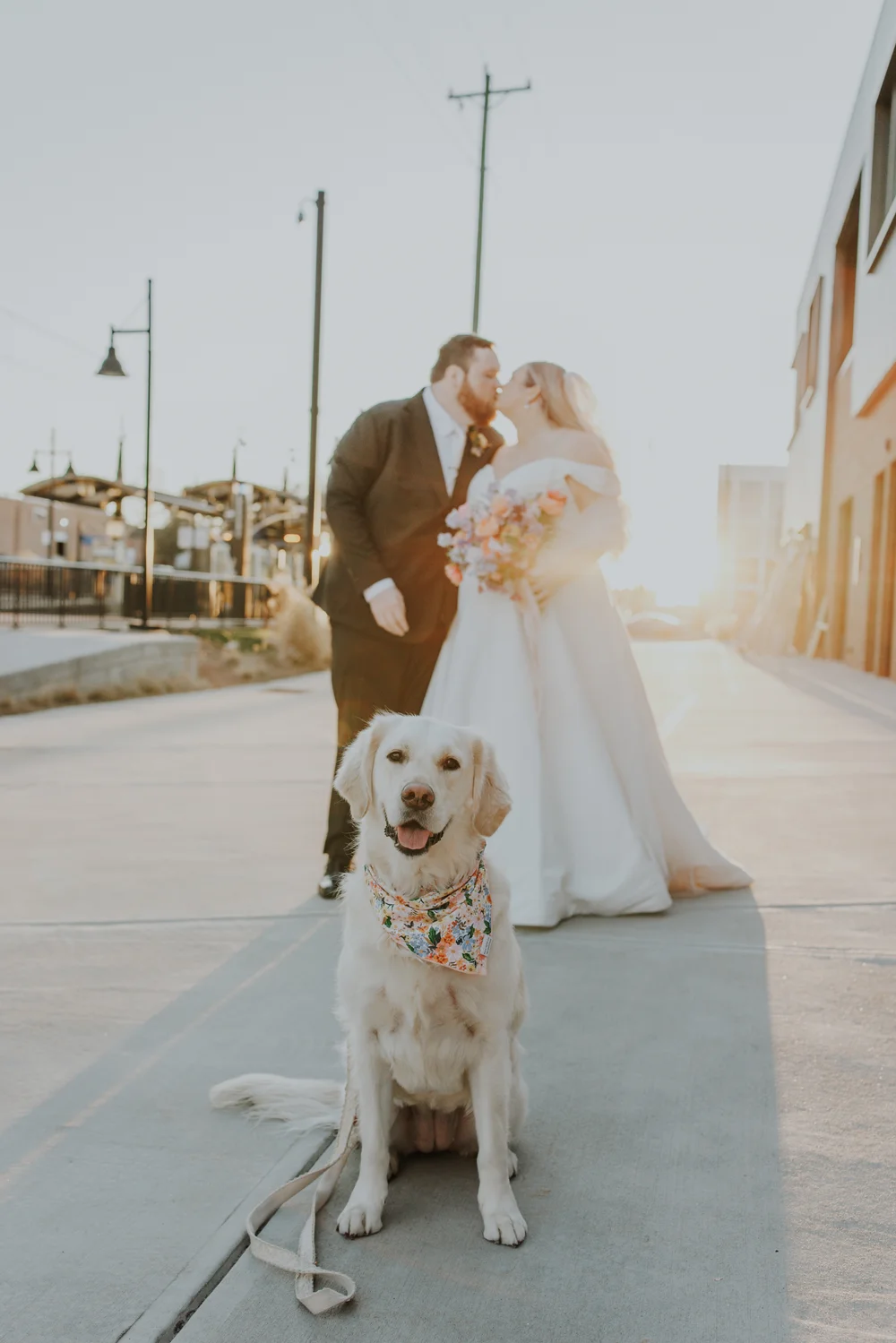 Bride and groom with their dog during a wedding at PINE in Charlotte