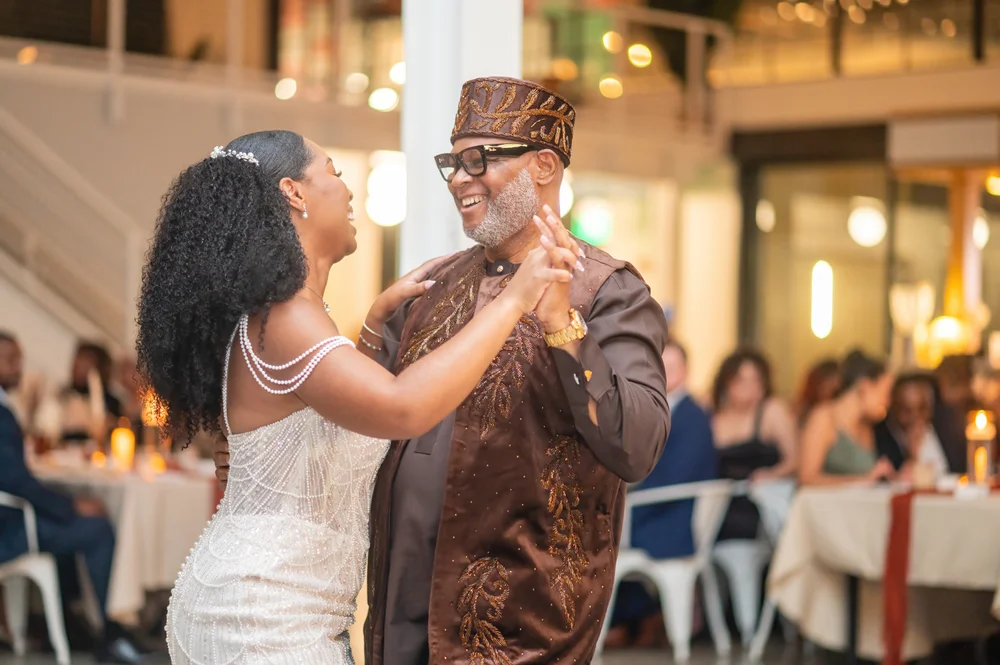 Bride and father sharing a dance at a boho-industrial fall wedding at PINE in Charlotte, NC