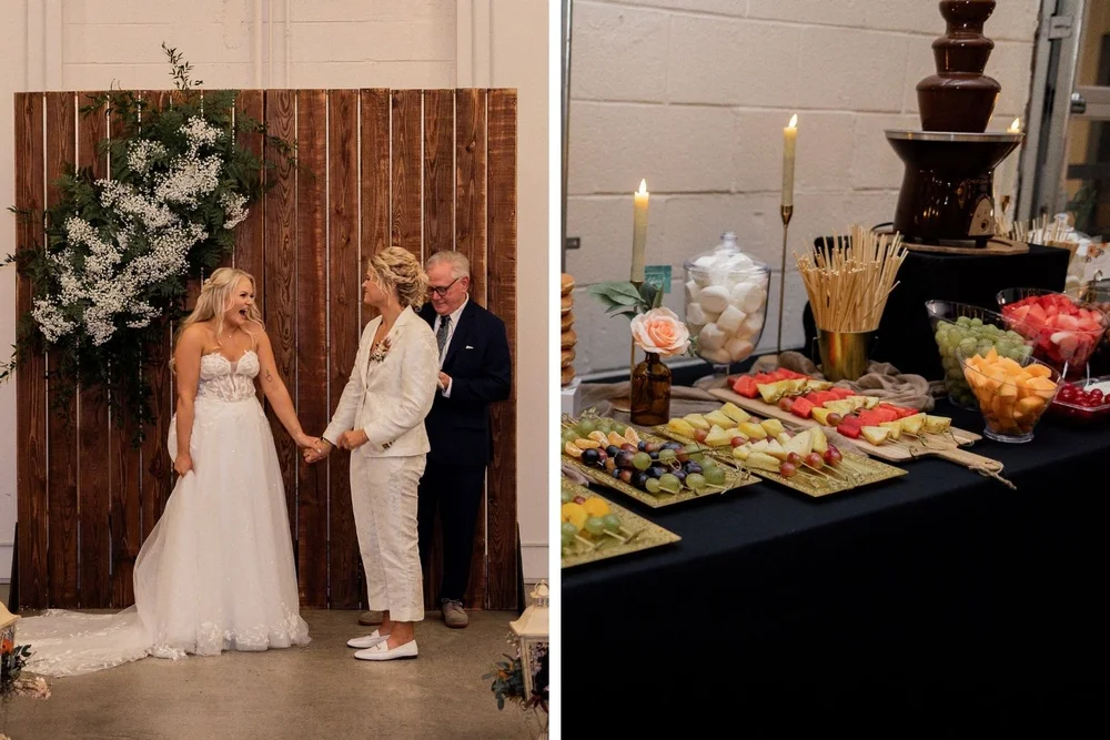 This is a collage of two images, the first one being two brides holding hands at the altar during their wedding ceremony at PINE in Charlotte, NC. The second is a dessert and appetizers table.