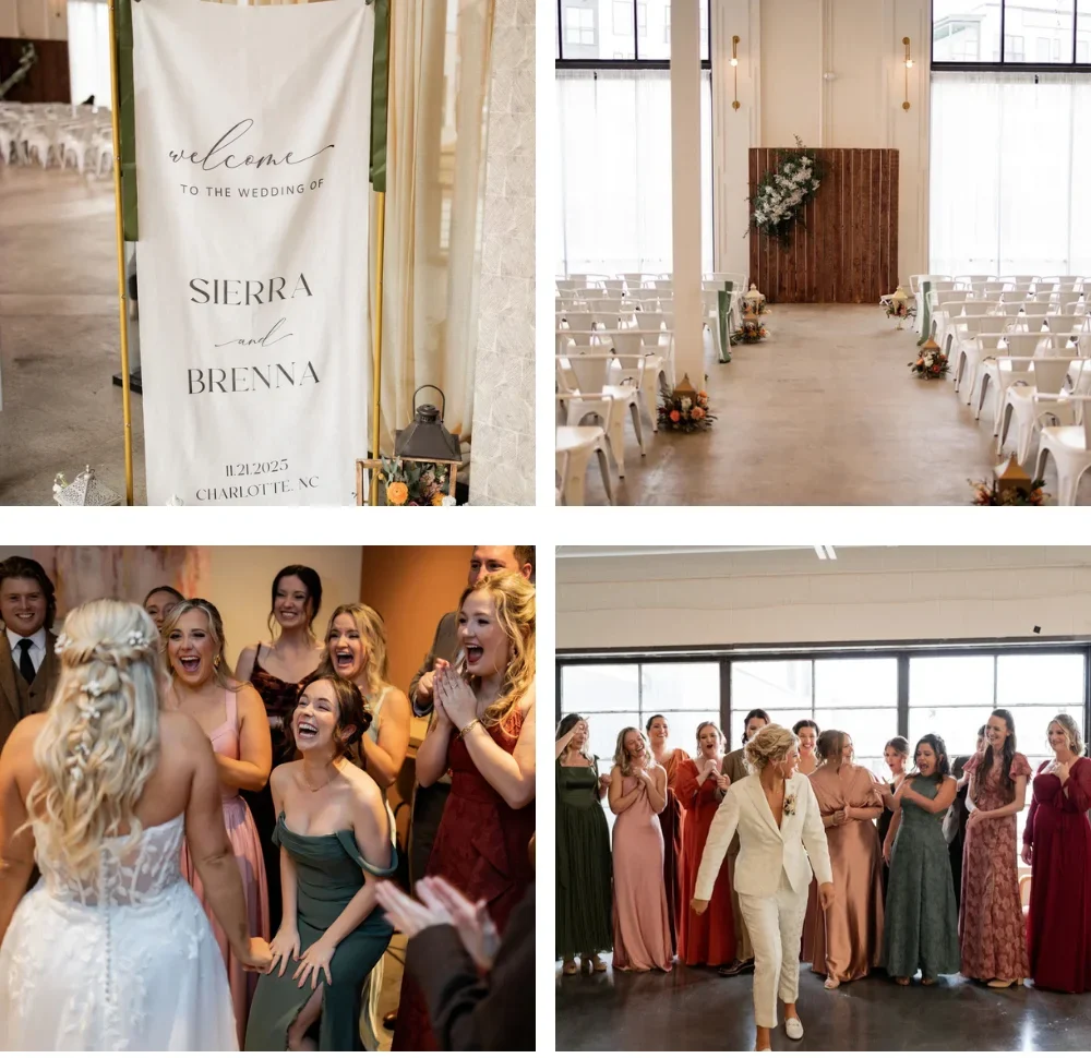 Collage of boho LGBTQ+ wedding photos from Sierra and Brenna's celebration at PINE in Charlotte NC