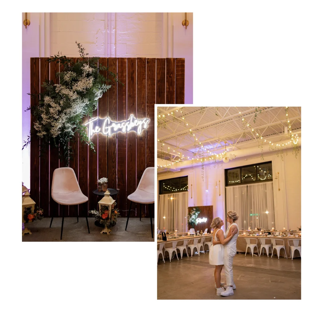 Collage of wedding reception moments from Sierra and Brenna's boho celebration at PINE Charlotte